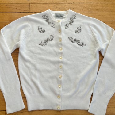 Vintage 1950s White Embellished Acrylic Cardigan Button Down Holiday Sweater by TimeBa