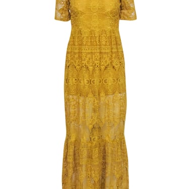 For Love &amp; Lemons - Mustard Yellow Embroidered Eyelet Lace Maxi Dress Sz XS
