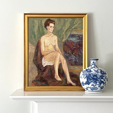 Vintage Oil Painting Female Nude Portrait 
