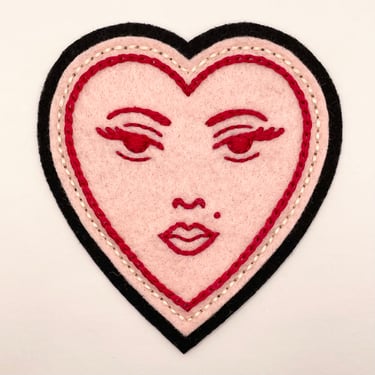 Handmade / hand embroidered pink & black felt patch - lady face heart - vintage style - traditional tattoo 