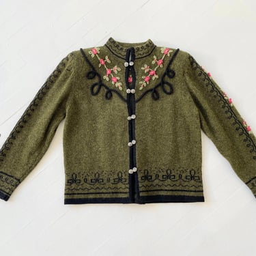 1980s does 1940s Green Wool Floral Cardigan 