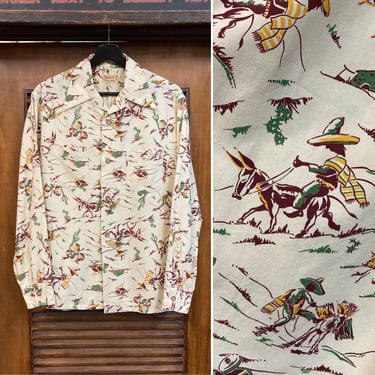 Vintage 1940’s Atomic Siesta Cactus Cotton Long Sleeve Rockabilly Shirt, 40’s Burro, 40’s Vintage Clothing 