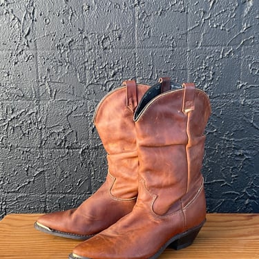 80s Burgundy Leather Boots w Gold Tips