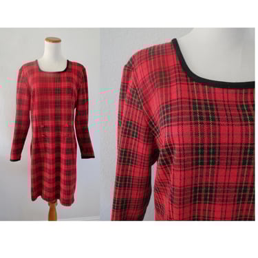 Vintage Red Plaid Dress - Women's Long Sleeve Christmas Holiday Party Outfit - Size Large 