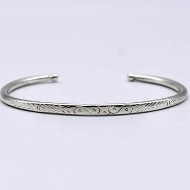 70's 925 silver etched hippie cuff, narrow adjustable ball-end sterling rocker bracelet 