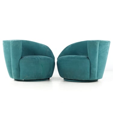 Vladimir Kagan Style Mid Century Nautilus Barrel Swivel Lounge Chairs - Pair - mcm 