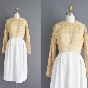 1950s dress | Gorgeous bridesmaid long sleeve lace white cocktail party dress | XS Small 