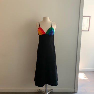 Spectacular 1970s Carol Poulson for Rainbow of CA black knit with rainbow top maxi dress-size xs-s 