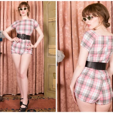 1950s Playsuit - Smart Vintage 50s Cotton One Piece Romper in Pink and Grey Plaid Shagbark with Bubble Bottoms 