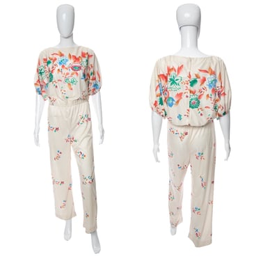 1970's Cream and Multicolor Floral Print Jumpsuit Size M