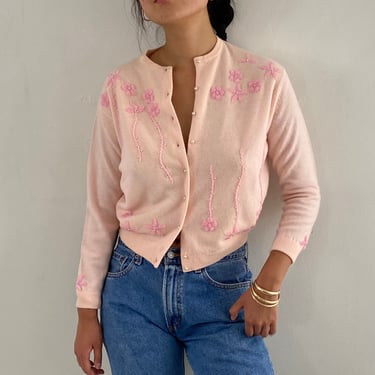 60s hand beaded embroidered cardigan sweater / vintage blush pink hand embellished glass beads pearls lambswool cardigan | Medium 
