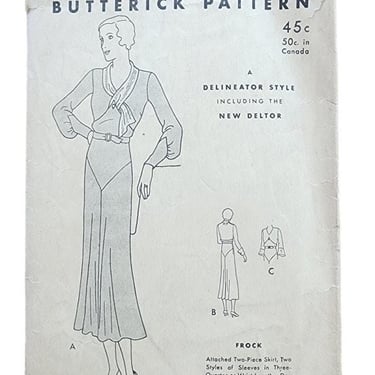 Vintage 30s Dress Sewing Pattern:  Butterick 4651 Bust 38 Frock Detachable Collar 