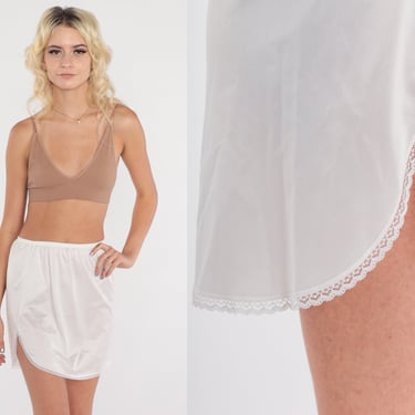 White Lace Slip Skirt 80s Lingerie Mini Skirt Side Slit Semi-Sheer Half Slip Retro Pinup Romantic Pin Up Vintage Extra Small xs 