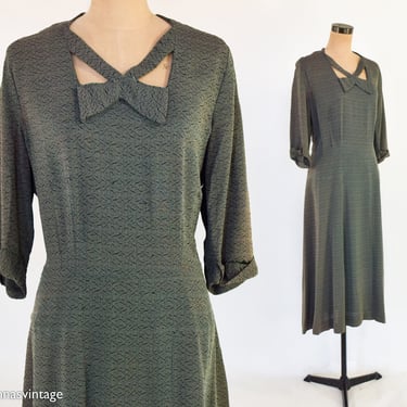 1940s Olive Green Dress | 40s Green Crepe Dress | Sanford Originals | Large 