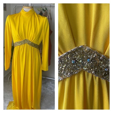 Vintage 1960s Golden Yellow Maxi Gown | Mod High Neck Evening Dress with Sparkling Waistband | Size Medium | Elegant Retro Formal Wear 