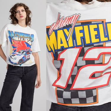90s Jeremy Mayfield NASCAR Cropped T Shirt - Women's Large | Vintage Distressed Car Racing Graphic Tee 