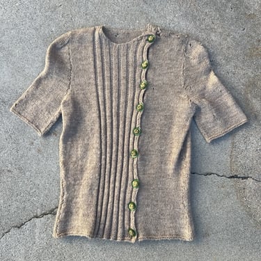 Vintage 1930s Oatmeal Knit Sweater Short Sleeve Green Buttons  Cardigan Deco