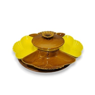 1970s Vintage Lazy Susan Server, Chips n Dip Party Serving Dish, 1960s California Pottery Brown & Yellow Ceramic, Mid Century Modern Kitchen 