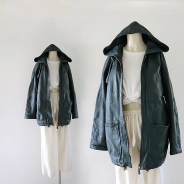 hooded forest leather coat - s 