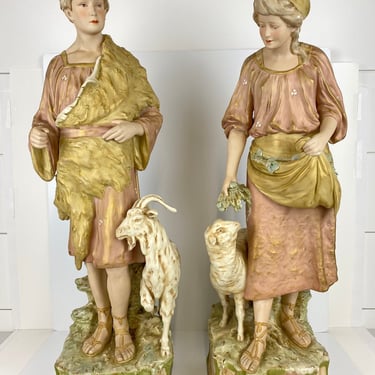 Vintage Antique Royal Dux Bohemia Pair Shepard Boy Girl Statue Porcelain Ceramic 25" 