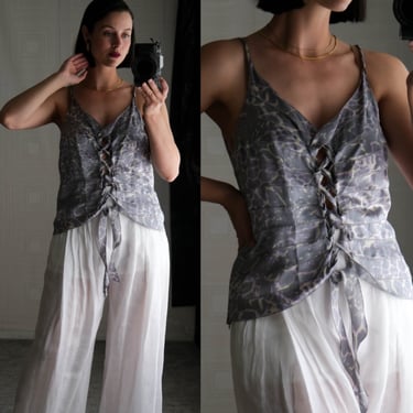GIORGIO ARMANI Leopard Silk Tier Silhouette Front Laced Twist Strap Tank Top | Made in Italy | 100% Silk | Y2Ks 2000s ARMANI Designer Blouse 