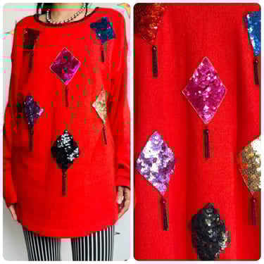 Vintage 80s Clowncore Red Rainbow Sequin Fringe Sweater – Oversized Pullover 