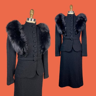 Vintage 1930s Show Stopper Suit Two Piece with Statement fur Stand up Collar Can be Worn three Ways 