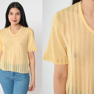 Vintage Sheer Sweater Top Yellow 80s Knit Shirt Boho Open Weave Short Sleeve 1980s Pointelle Bohemian Openwork Retro V Neck Small 