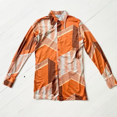 1970s Huk A Poo Rust Print Dagger Collar Shirt 