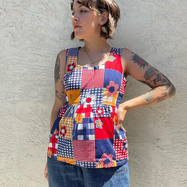 1970s gingham and floral patchwork sleeveless top 