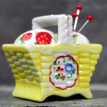 Vintage Miniature Ceramic Basket Upcycled Pin Cushion | Flower Basket Pin Cushion | Handmade | Gardener's Pin Cushion | MIOJ 