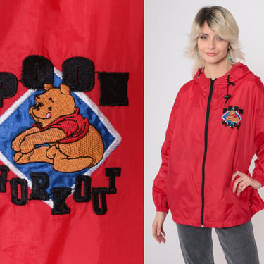 90s Winnie The Pooh Jacket Red Hooded Disney Windbreaker Pooh Workout Hood Jacket Hoodie 1990s Vintage Oversized Medium 