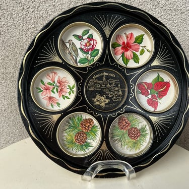 Vintage Massachusetts souvenir colorful round metal serving tray cups floral 