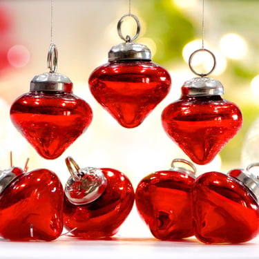 VINTAGE: 5pcs - Small Thick Mercury Red Glass Ornaments - Mid Weight Kugel Style Ornaments - Unique Find - SKU 34-os no 