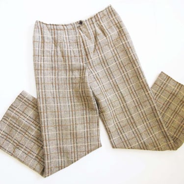Vintage 70s Pendleton Plaid Wool Trousers 30 - 1970s Brown Herringbone Wide Leg High Waist Pants - Dark Academia Preppy Boho Pants 