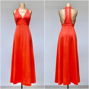 Vintage 1970s Orange Empire Maxi Dress, 70s Tangerine Polyester Open Halter Back Disco Gown, Extra Small 