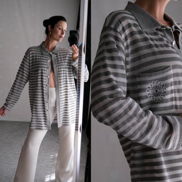 Vintage 90s ESCADA Black & White Stripe Mesh Silver Knit Longline Shirt w/ Embroidered Pocket | Made in Germany | 1990s ESCADA Designer Top 