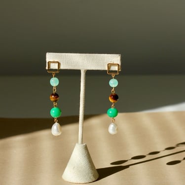 Long Green Statement Dangle Earrings / Vintage Beads / Elegant Boho Jewelry / Handmade earrings 