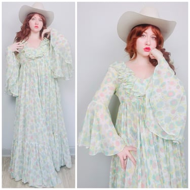 1970s Vintage Denise L Blue and Yellow Floral Bell Sleeve Dress / 70s / Seventies Sheer Cotton Flower Maxi Gown / Size Large 