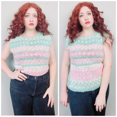 1980s Vintage Mint Green and Pink Hand Knit Nuggets Vest / 80s / Eighties Pastel Acrylic Sleeveless Sweater / Size Large 
