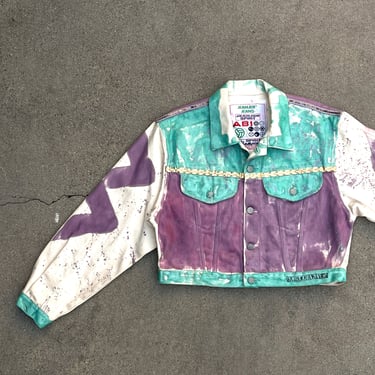 Vintage 80s Jeanjer Jeans OOAK Paint Splattered Cropped Denim Jacket 