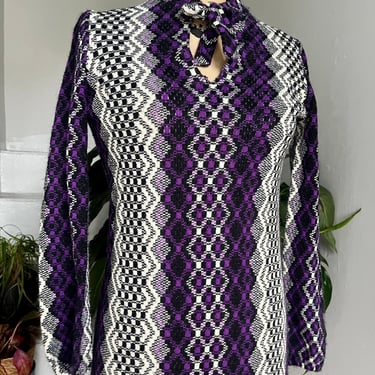 1960s Purple Black and White Woven Shift Dress 36 Bust Vintage 