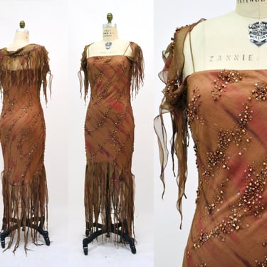 Vintage 00s Y2K Tank Dress Bias cut Silk Chiffon Beaded Brown Dress Medium Large// Brown Silk Beaded Chiffon Dress handkerchief hem Fringe 