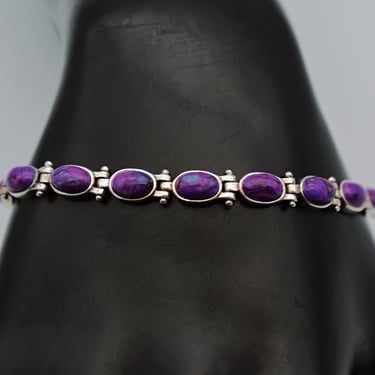 90's sterling sugilite richterite bustamite bracelet, NK 925 silver purple blue cabs hinged links 