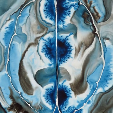 Turbulent Indigo Brain  -  original ink painting on yupo - neuroscience art 