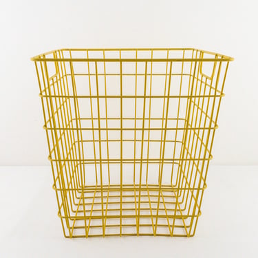 Vintage Yellow Metal Grid Trash Can, Square Trash Container Storage Bin 