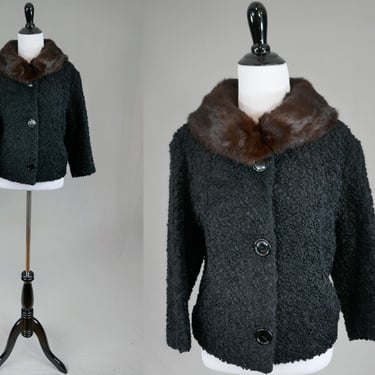 60s Short Black Jacket - Faux Curly Lamb Coat - Dark Brown Mink Fur Collar - A Winter Product - Vintage 1960s - S 