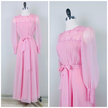 1970s Vintage Pastel Pink Embroidered Neck Maxi Dress / 70s / Seventies Volume Sheer Sleeve Romantic Gown / Size Small 