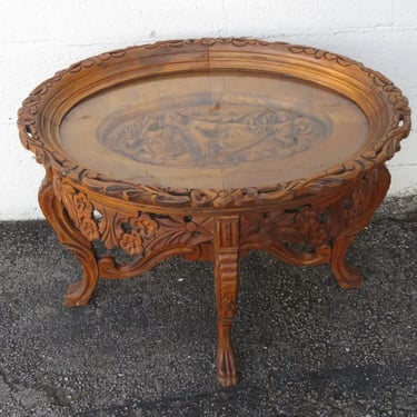 Heavy Hand Carved Cherub Coffee Table with Glass Top Serving Tray 4053