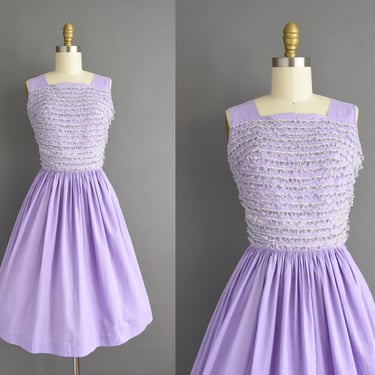 vintage 1950s Lavender Full Skirt Ruffle Lace Cotton Dress | XS Small 